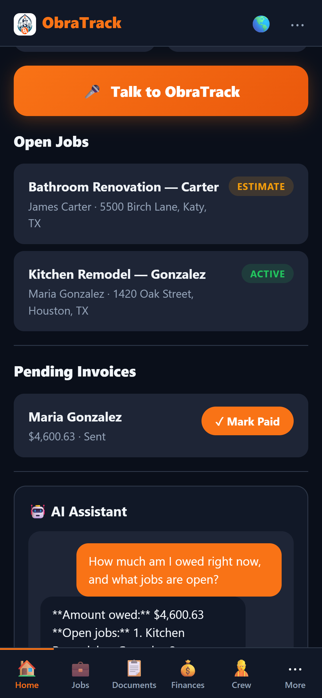 ObraTrack AI assistant answering how much money is owed and which jobs are open