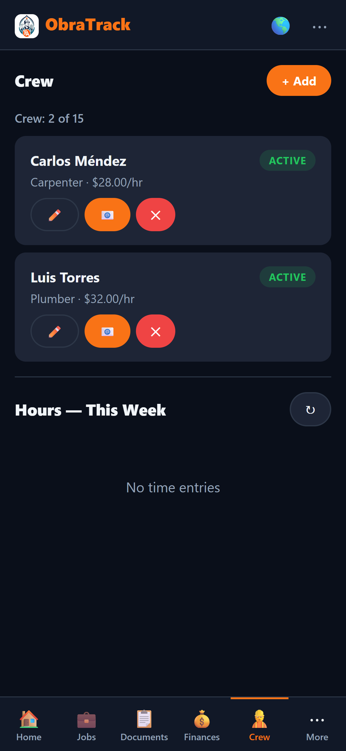 ObraTrack crew screen listing Carlos Méndez (Carpenter) and Luis Torres (Plumber) with hourly rates