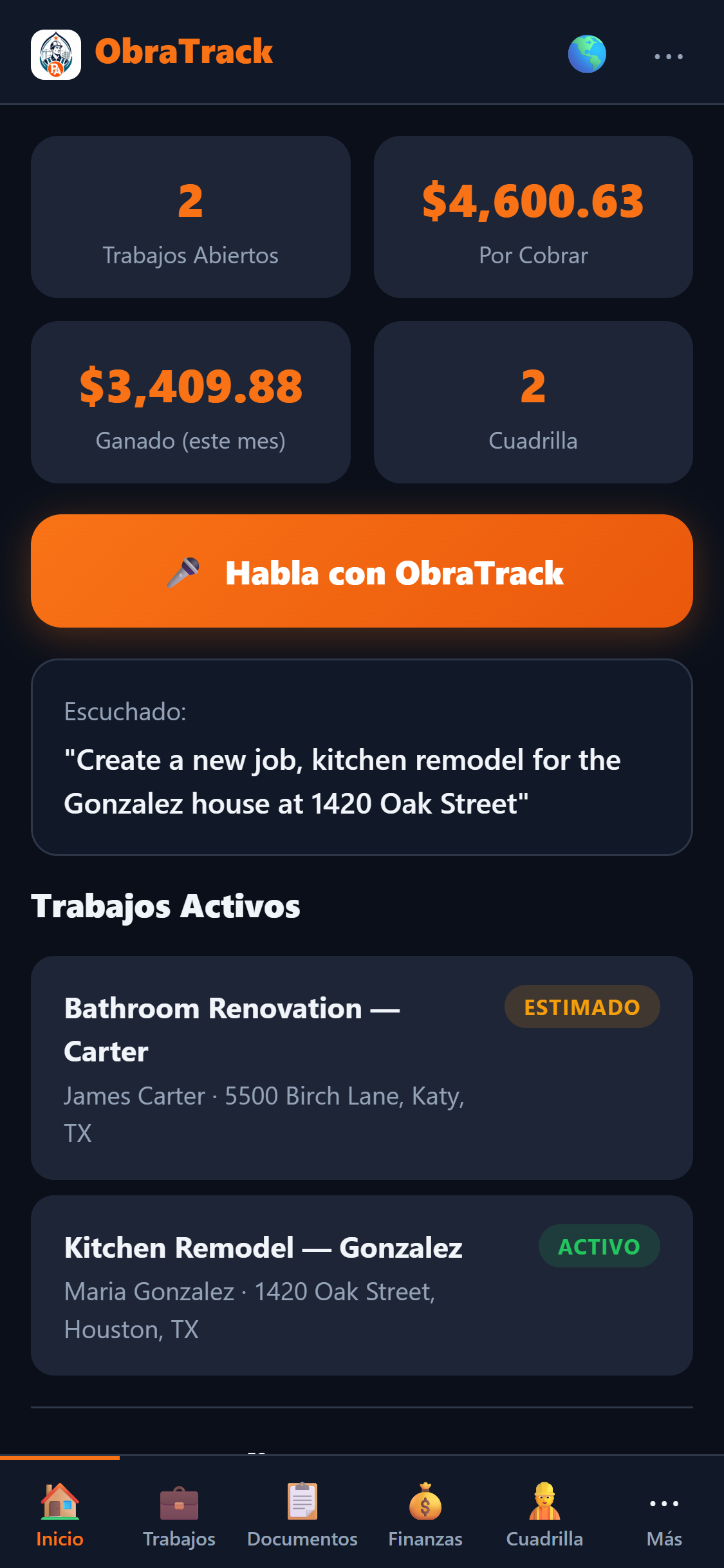 ObraTrack dashboard in Spanish — Trabajos Abiertos, Por Cobrar, Ganado