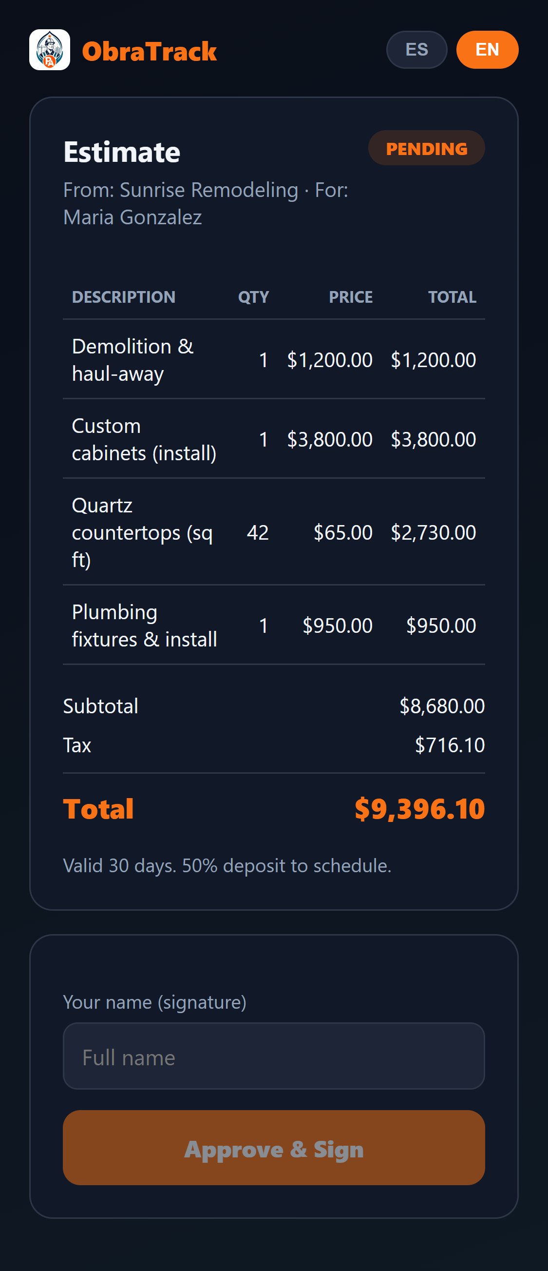 Itemized ObraTrack estimate with line items, subtotal, tax, total, and an Approve & Sign button