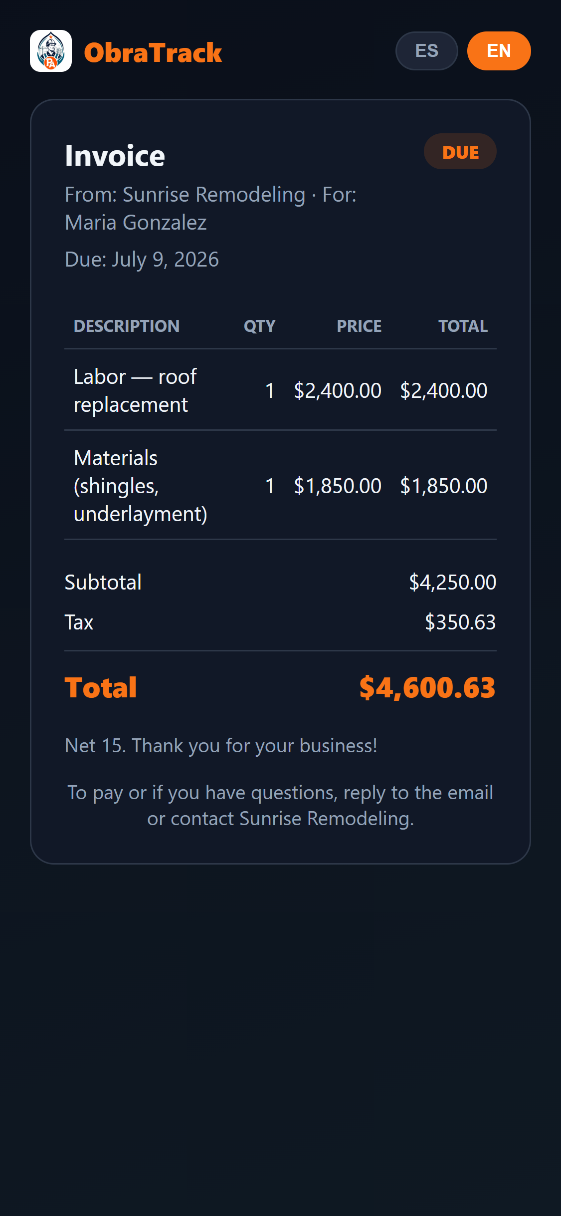 Professional ObraTrack invoice with itemized labor and materials, tax, and total