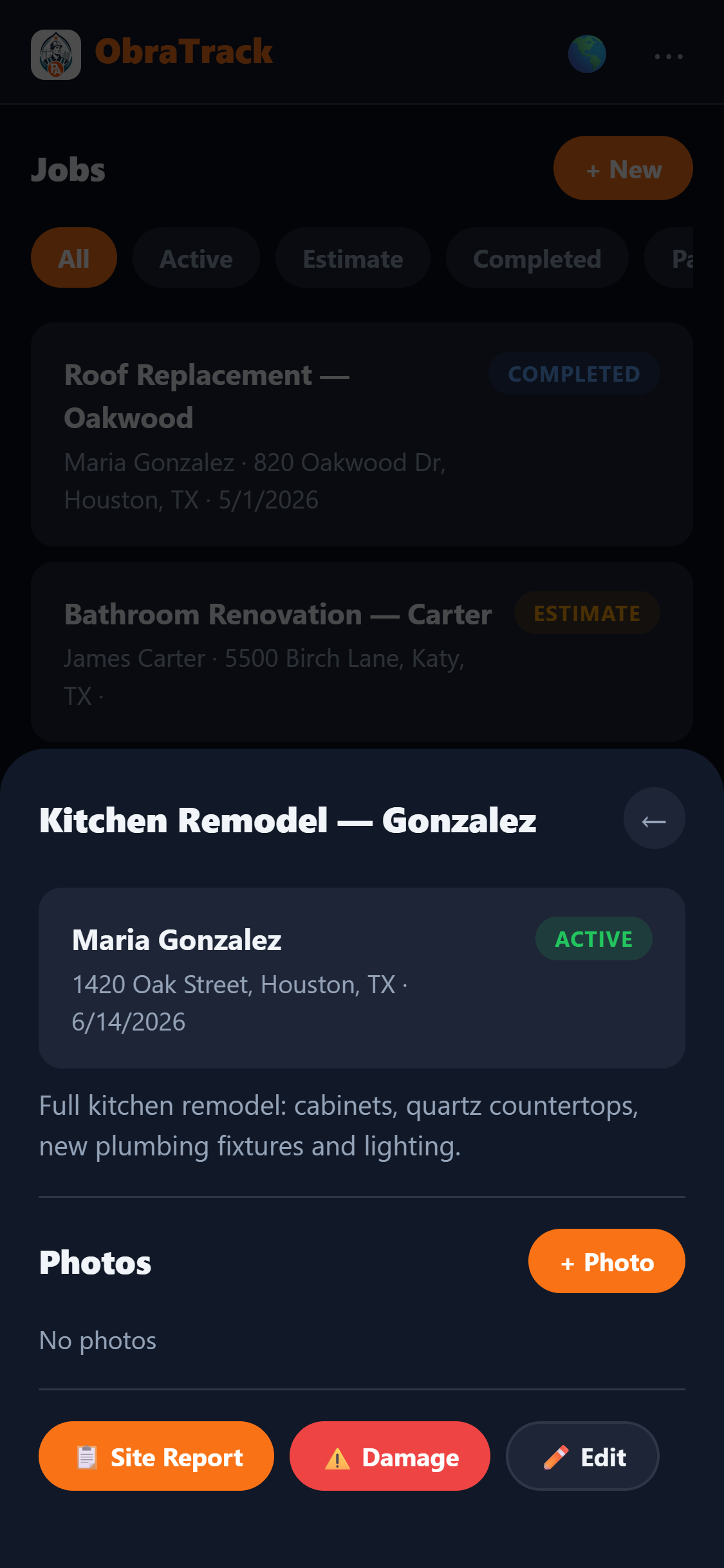 ObraTrack job detail with client, address, scope, photos, and Site Report and Damage report buttons