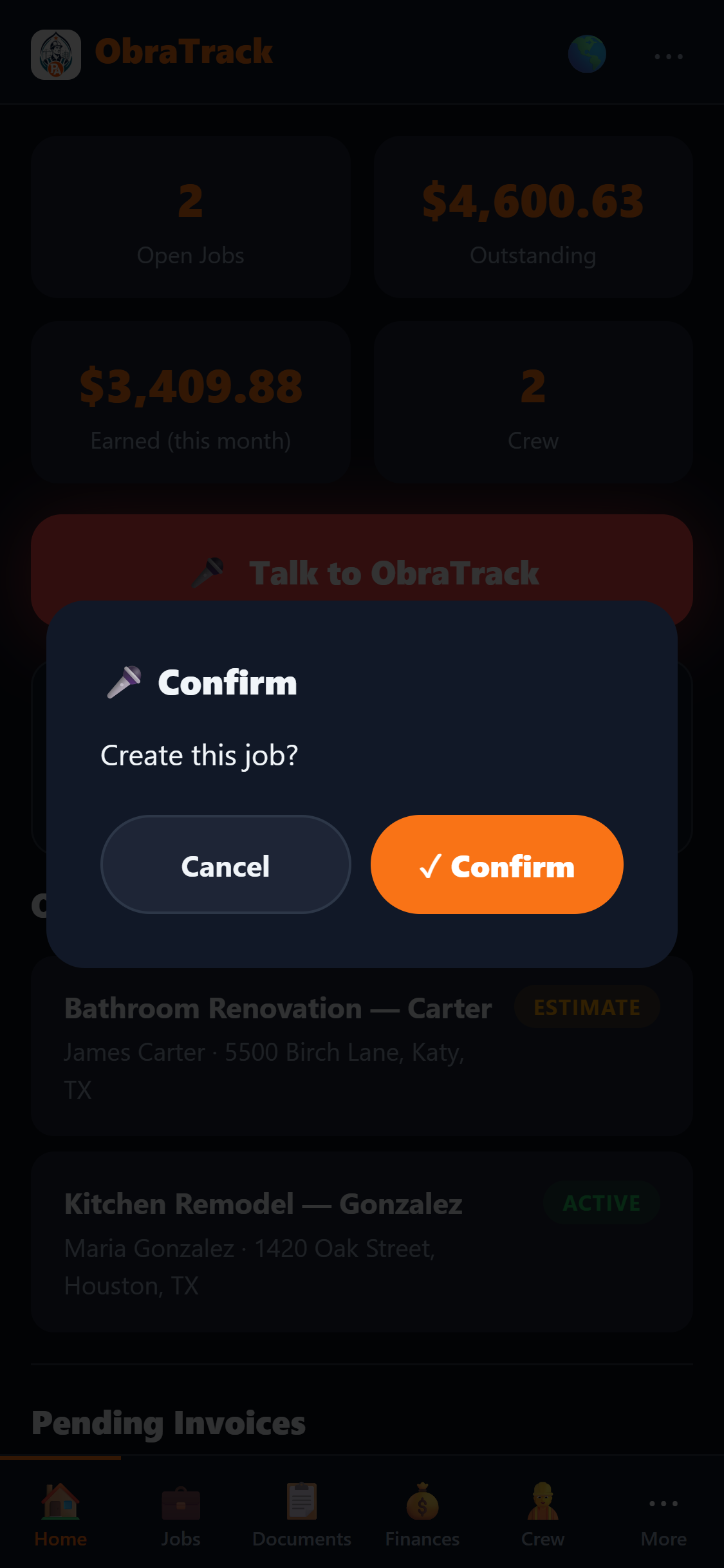 ObraTrack confirming a voice command to create a job